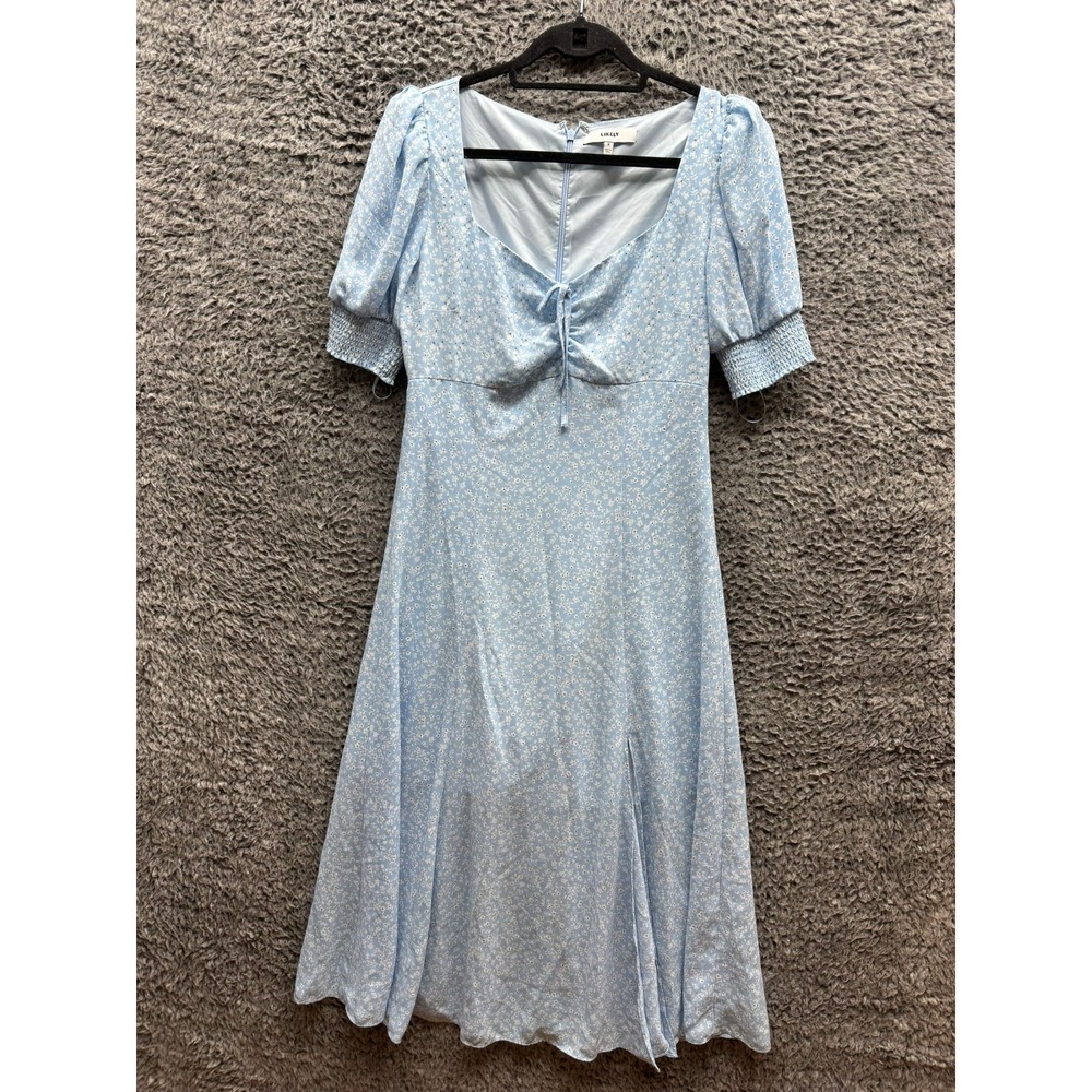 Likely Tie Front Short Sleeve Floral A Line Midi Dress Light Blue Womens‎ Size 6